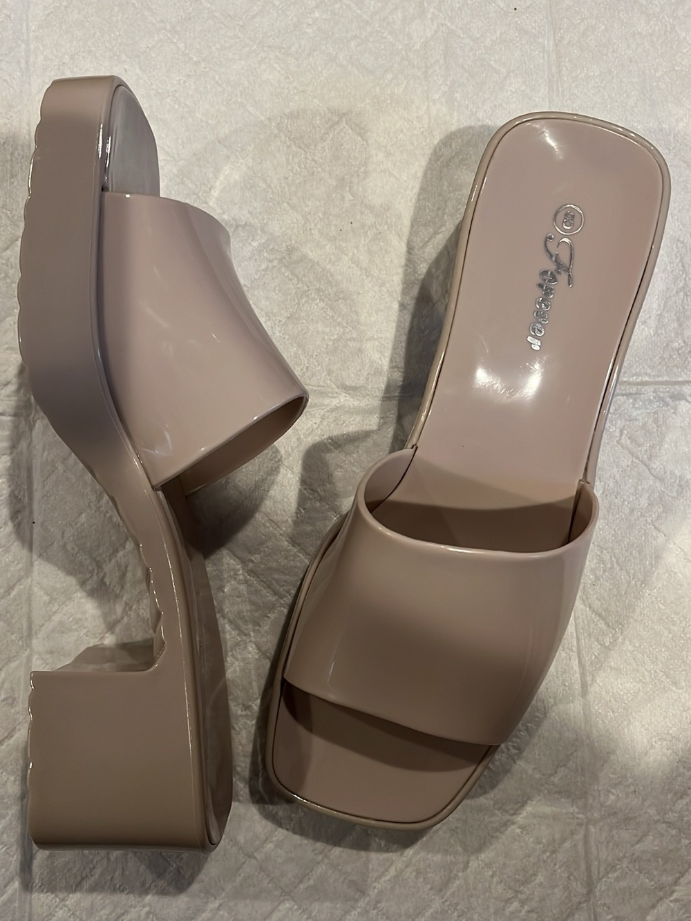 Fergie Blush Patent Platform Slide Mules